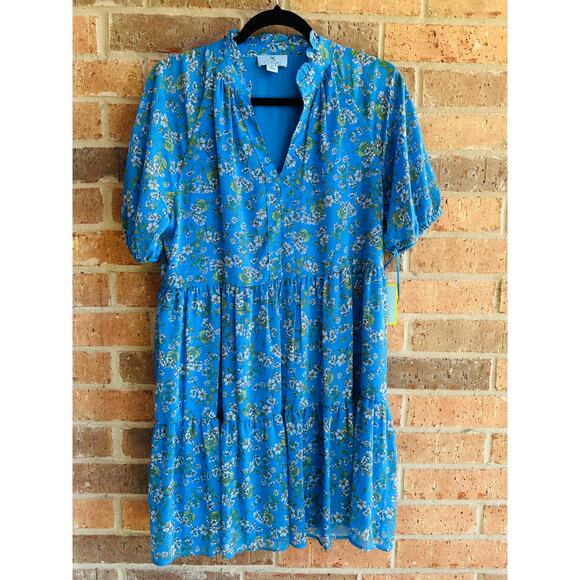 CeCe Women's Blue Floral Print Baby Doll Mini Dress Size M - Picture 2 of 8